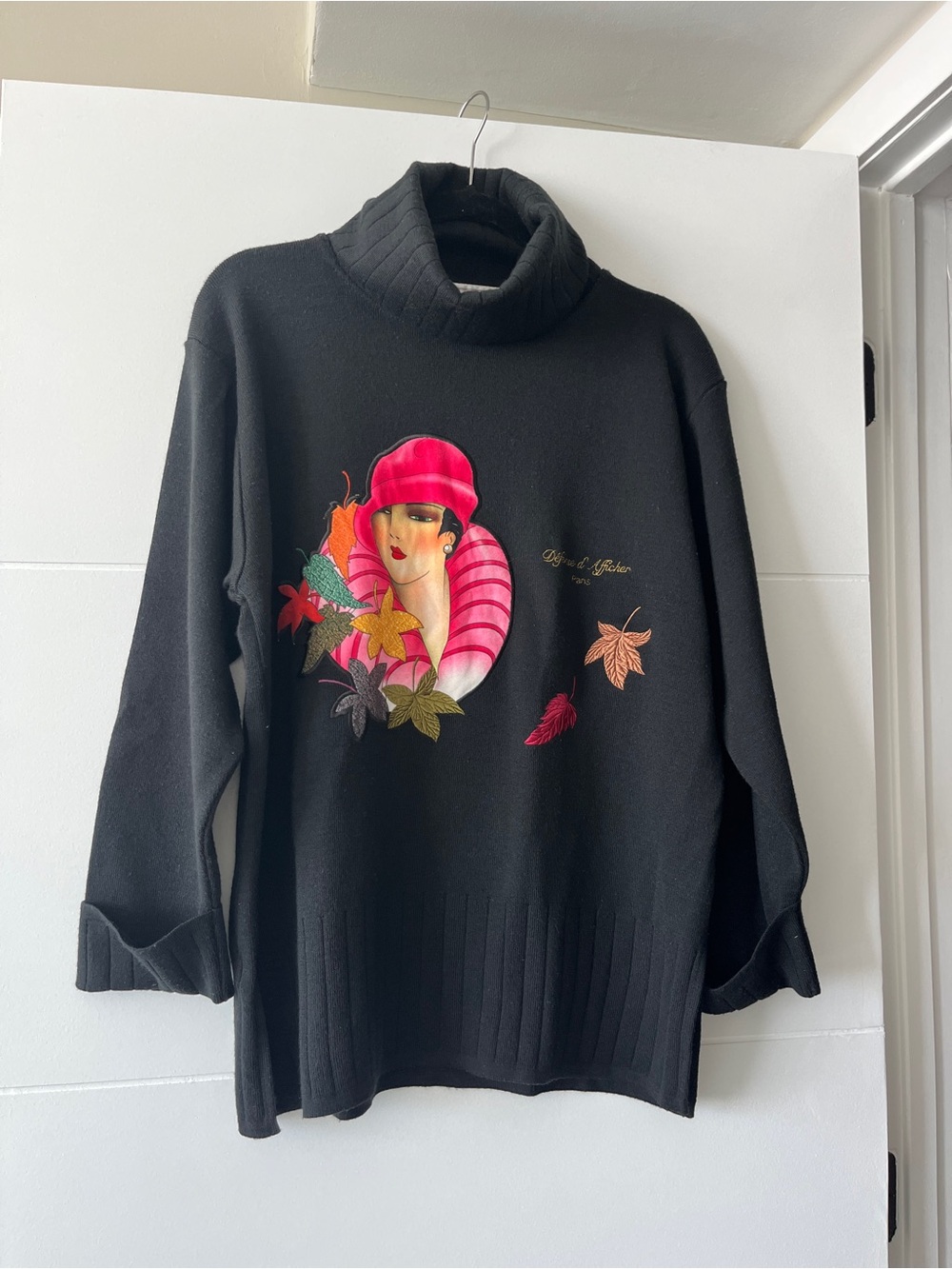 Vintage Défense d’Afficher Paris Wool Sweater Art Deco Woman Made in France Sz 1